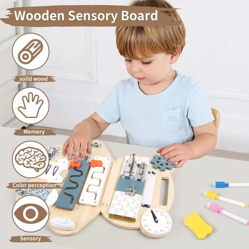 Unisex Two-Sided Busy Board Educational Wood Toy with Bear Painting for 2-4 and 5-7 Years Old