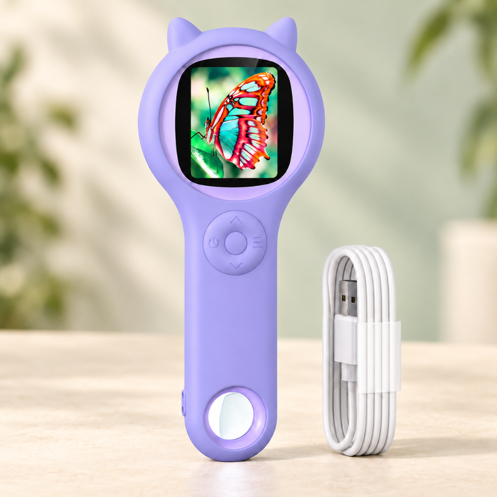 microscope de poche enfant violet présenté avec son câble