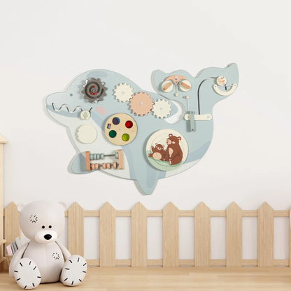 CPC CE EN71 Certified Multi-functional Wooden Dolphin Busy Board Wall Game Kids Toys Educational