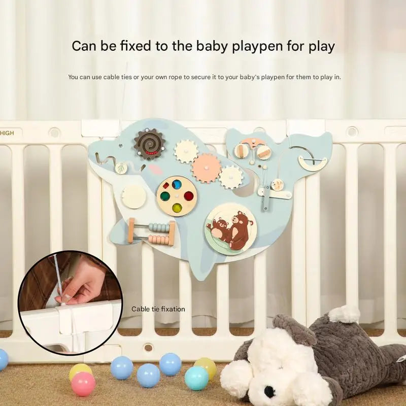CPC CE EN71 Certified Multi-functional Wooden Dolphin Busy Board Wall Game Kids Toys Educational
