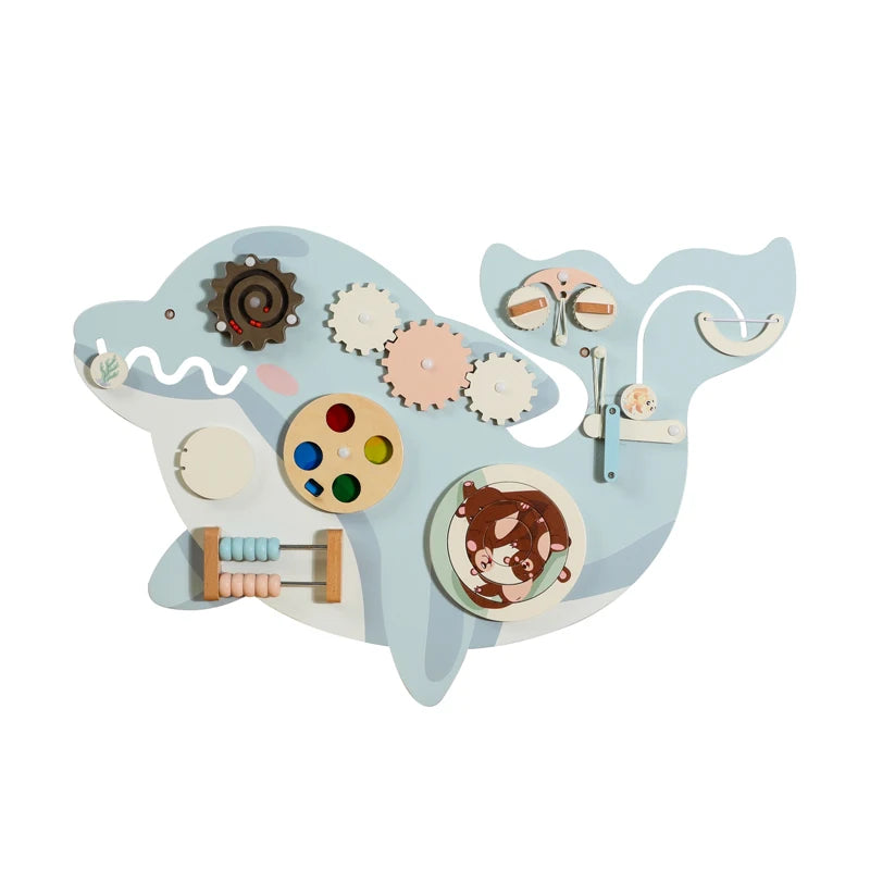 CPC CE EN71 Certified Multi-functional Wooden Dolphin Busy Board Wall Game Kids Toys Educational