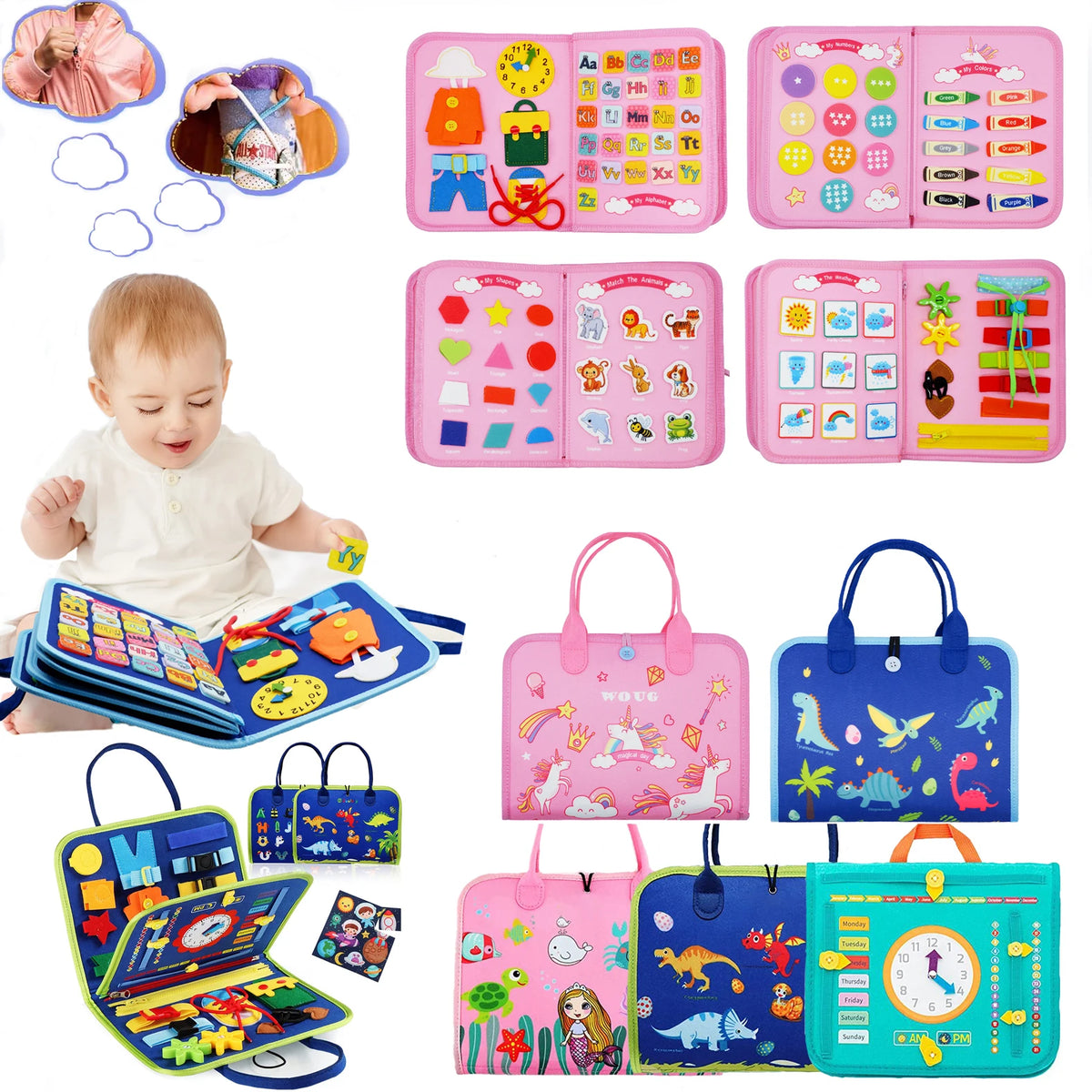 Montessori Busy Book Toddler Sensory Educational Toy  Preschool Learning Activity Book Portable Travel Gift for Boys Girls