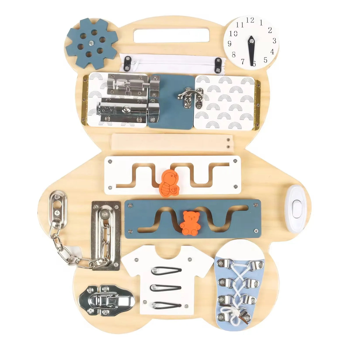 Unisex Two-Sided Busy Board Educational Wood Toy with Bear Painting for 2-4 and 5-7 Years Old