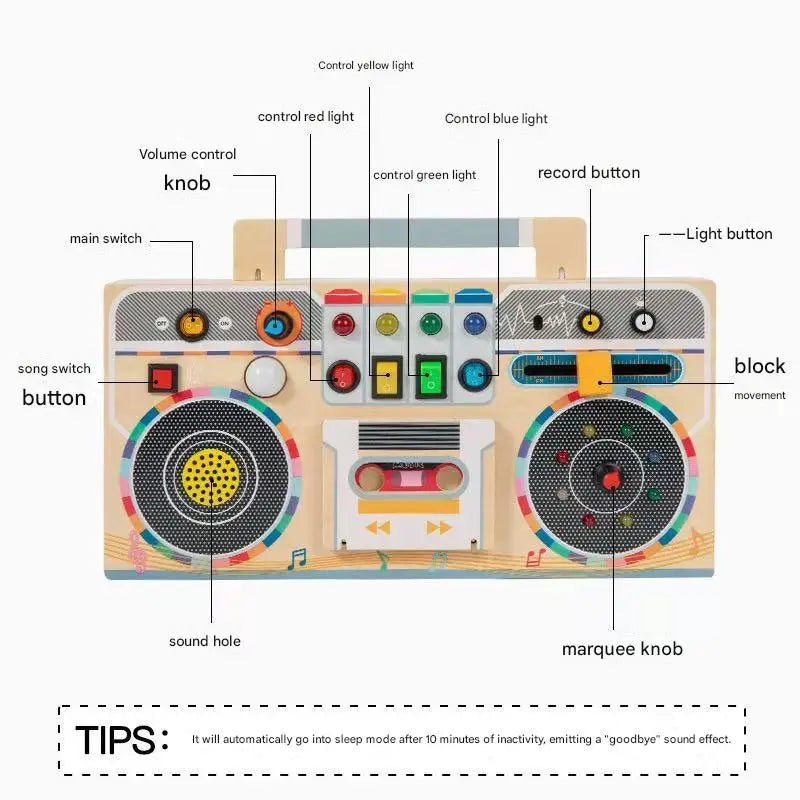 New Design Wooden Busy Board Montessori Toys Multifunctional Radio Portable LED Busy Board