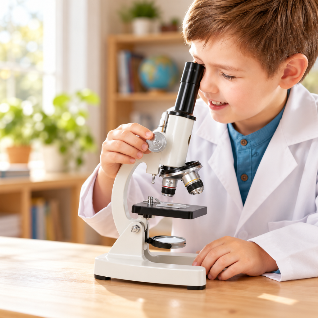 enfant explorant le monde microscopique avec son microscope optique 