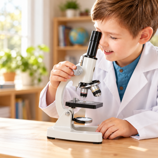 enfant explorant le monde microscopique avec son microscope optique 