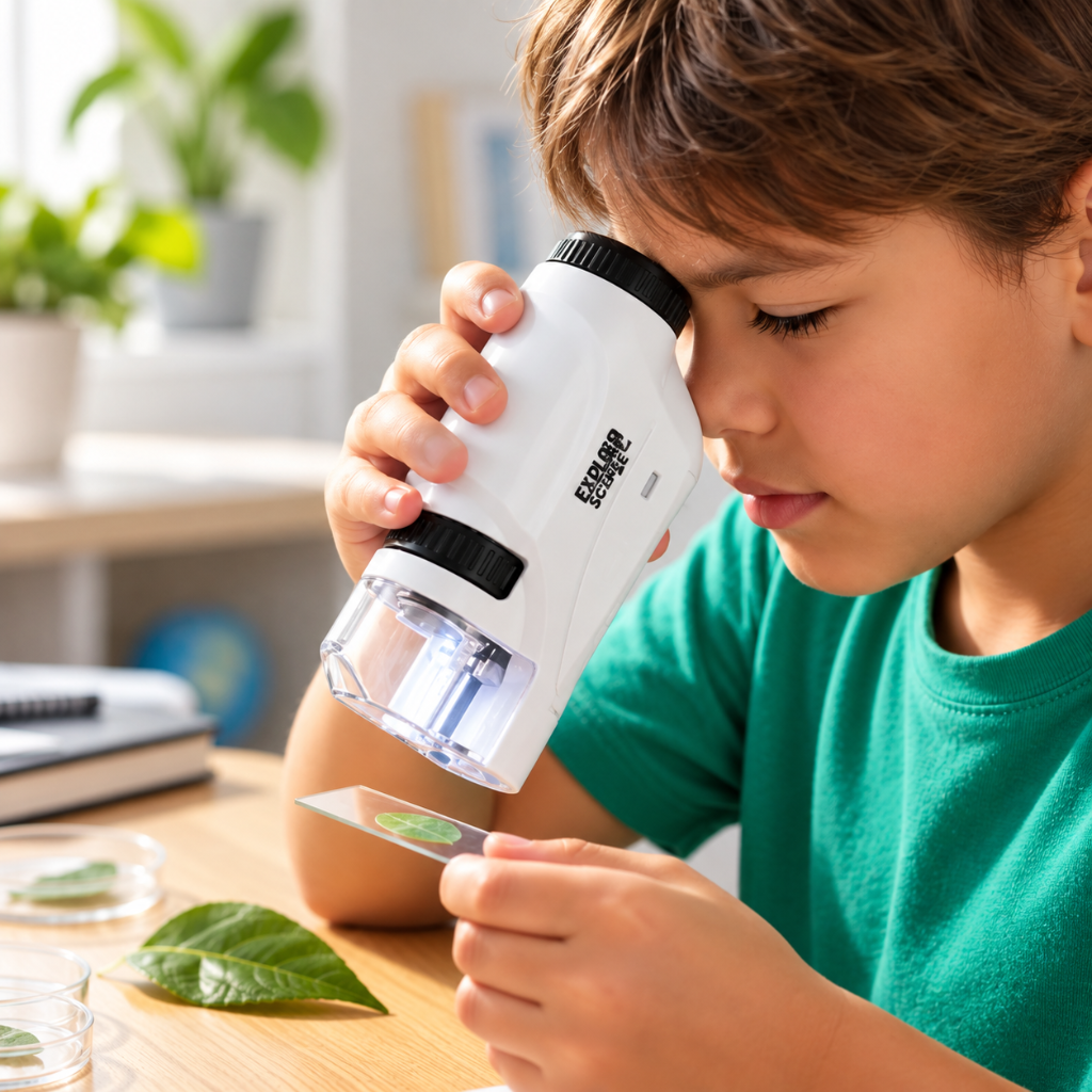enfant observant une feuille avec un microscope de poche