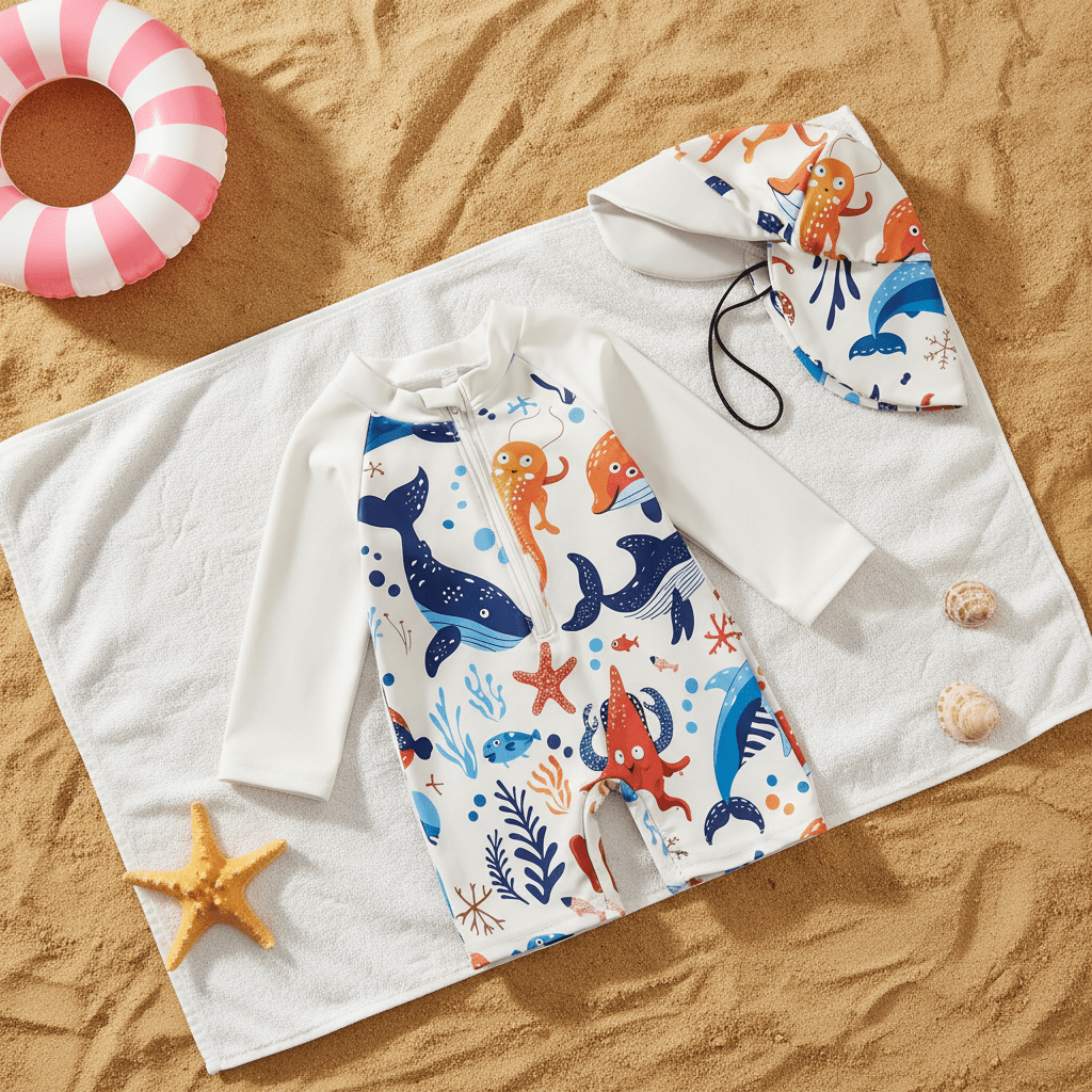Maillot animaux marins flat lay sable