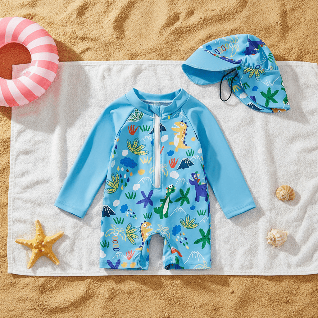 Maillot dinosaure flat lay sable