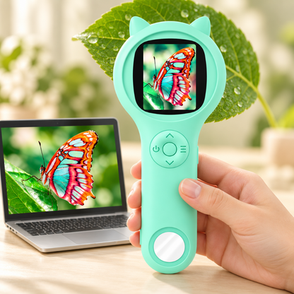 microscope de poche enfant vert posé sur une table, avec un papillon affiché à l’écran