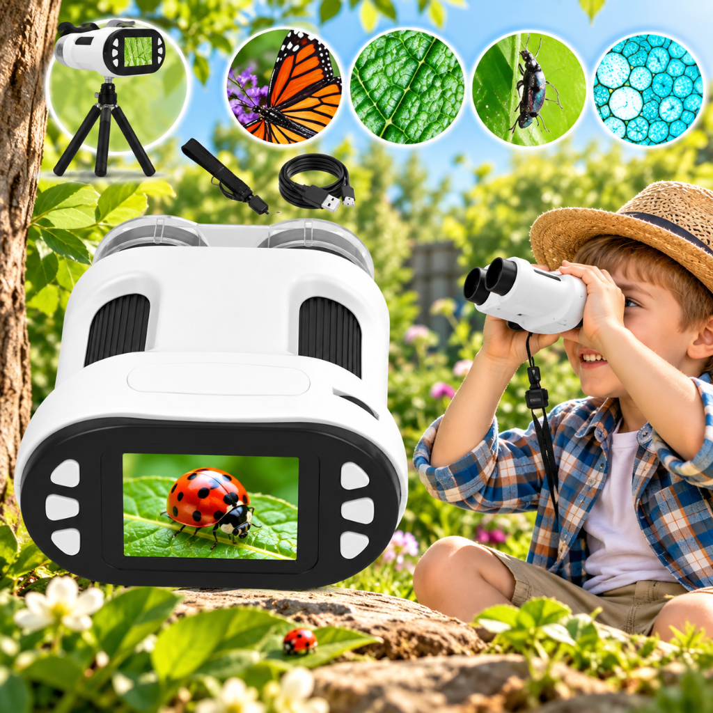microscope enfant porté par deux petits explorateurs