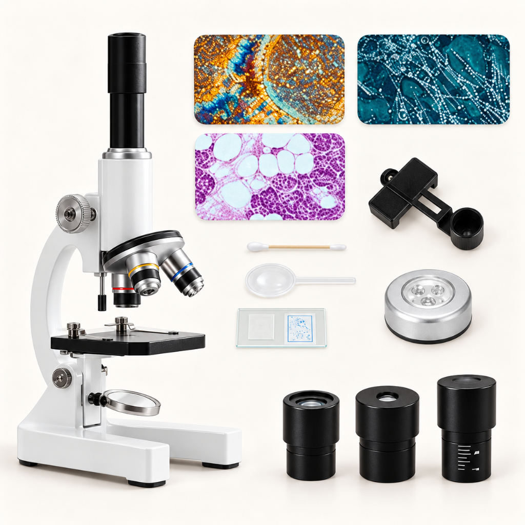 microscope optique OptiLab™ présenté à côté de trois vues microscopiques