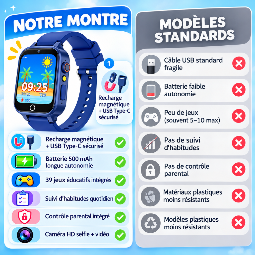 montre connectée pour enfant avec écran HD et bracelet en silicone
