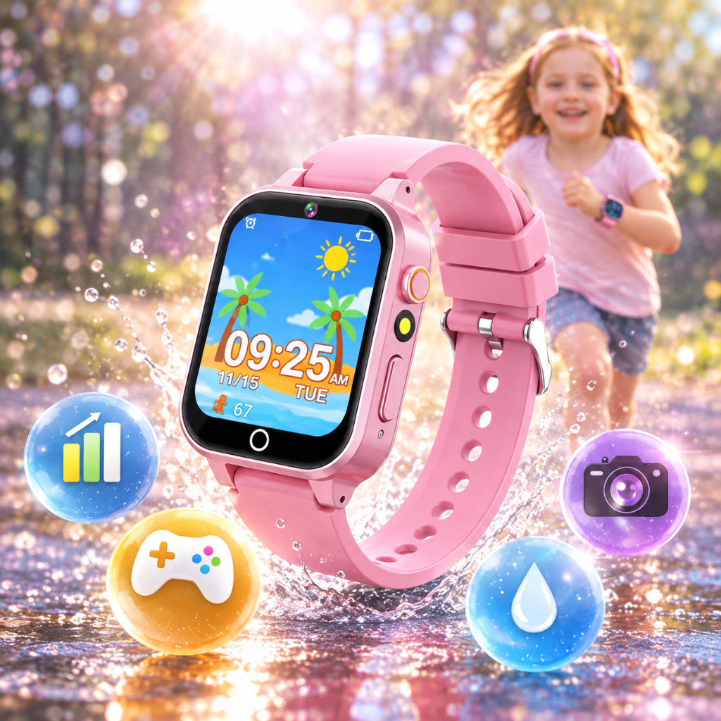 montre connectée pour enfant disponible en bleu, rose et orange