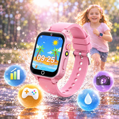 montre connectée pour enfant disponible en bleu, rose et orange