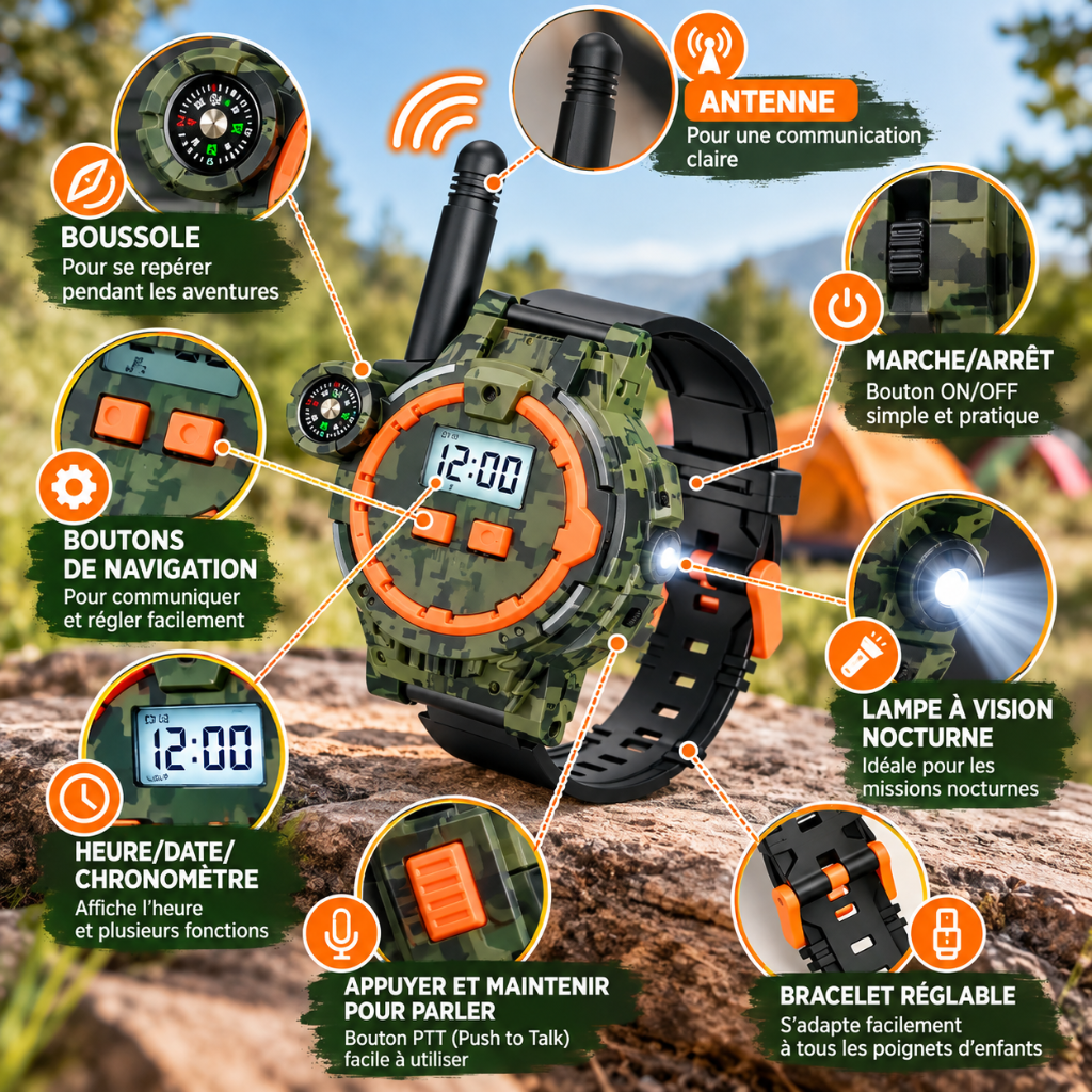 montre talkie walkie enfant rechargeable avec antenne et bracelet réglable