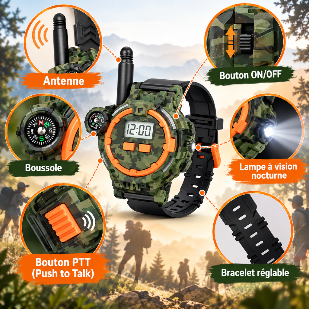 montre talkie walkie portée par un enfant pendant une aventure en plein air