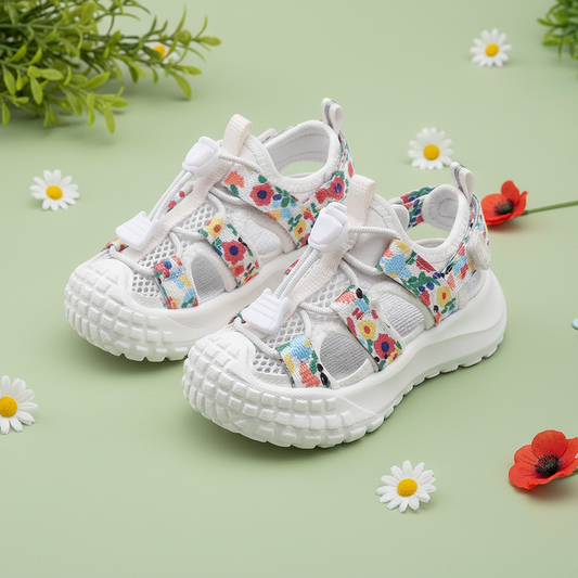 Sandales florales – fond pastel