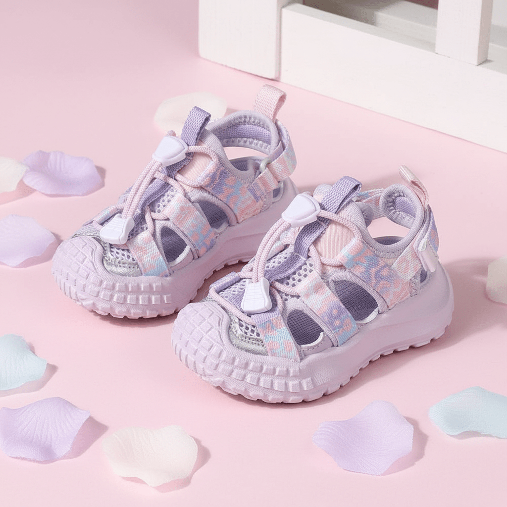 Sandales lavande sur fond pastel