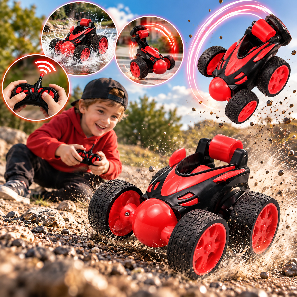 Voiture télécommandée enfant StuntRacer rouge réalisant des cascades en extérieur
