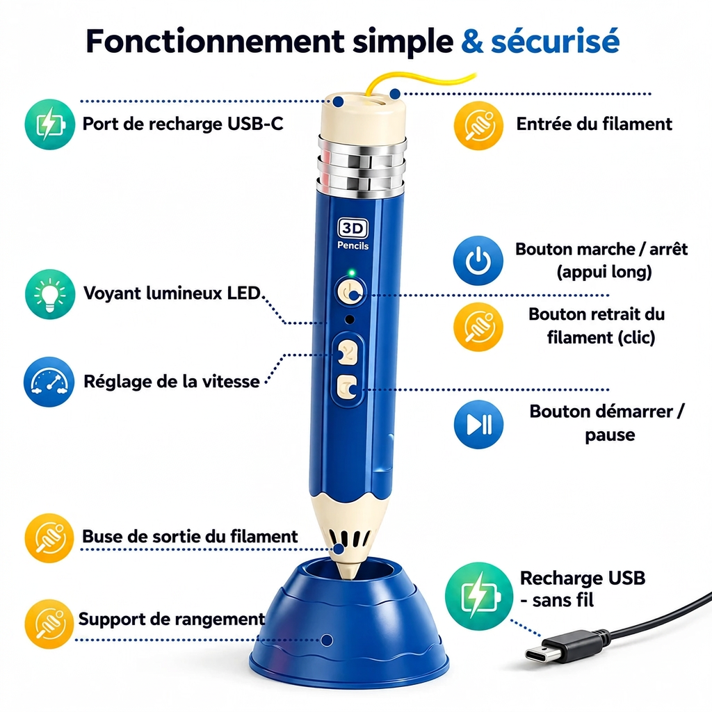 stylo 3d enfant et créations multicolores