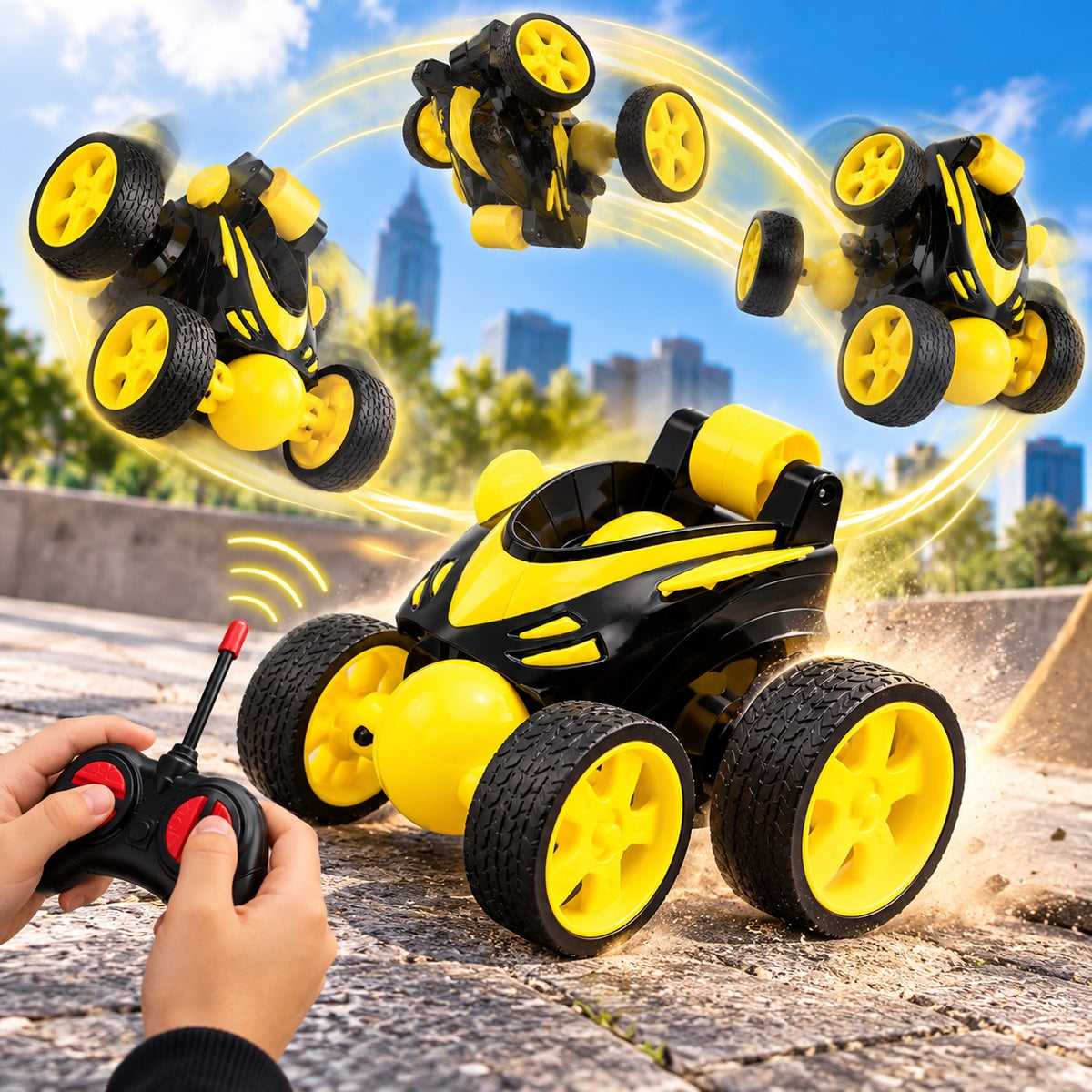 voiture télécommandée enfant StuntRacer jaune en action